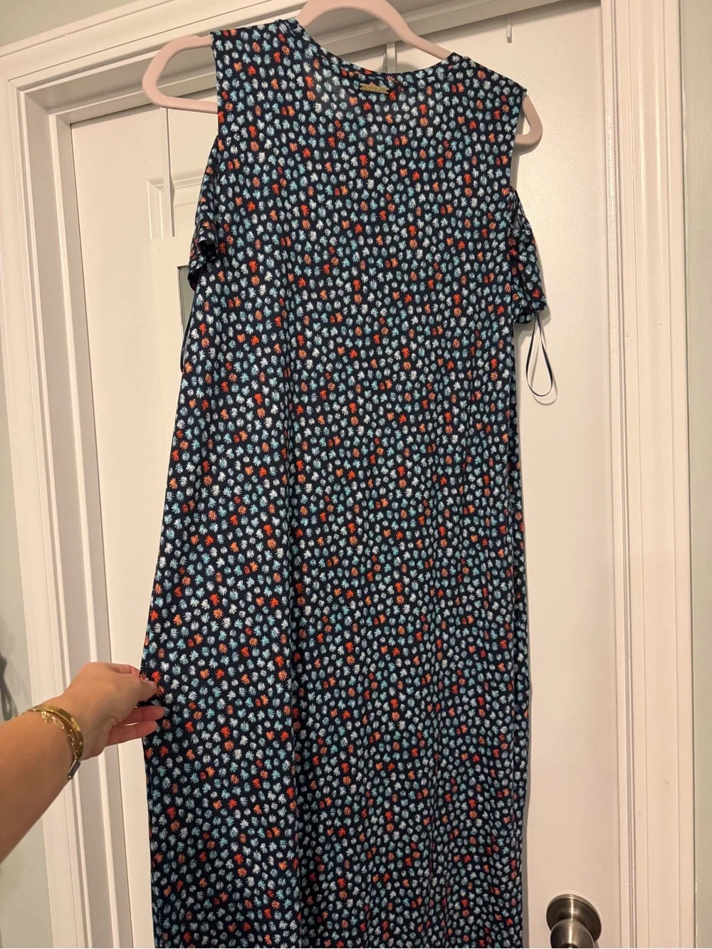 Michael Kors Navy Sleeveless Floral Maxi Dress with Red and Light Blue Accents